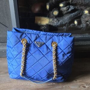 Prada Quilted Nylon Tote in Royal Blue with Gold Chain Handles